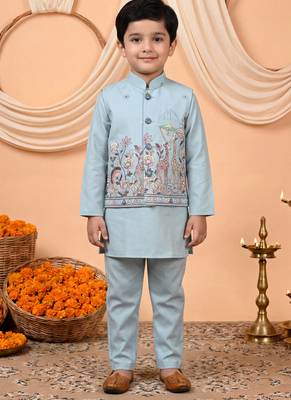 Boys light blue cotton satin kurta pyjama set with floral giraffe embroidered waistcoat 1