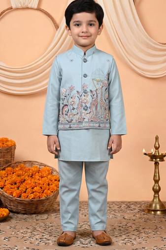 Boys light blue cotton satin kurta pyjama set with floral giraffe embroidered waistcoat