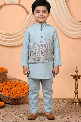 Boys light blue cotton satin kurta pyjama set with floral giraffe embroidered waistcoat
