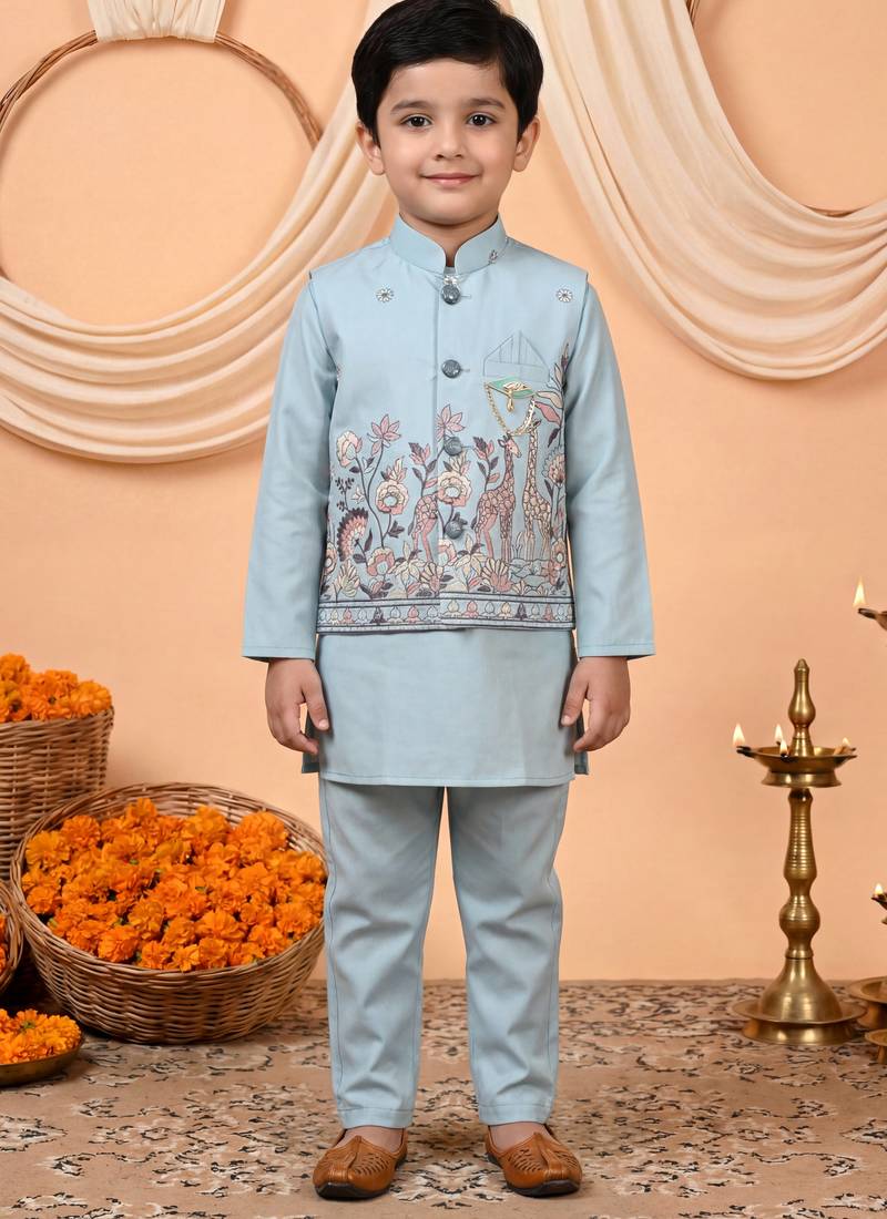 Boys light blue cotton satin kurta pyjama set with floral giraffe embroidered waistcoat