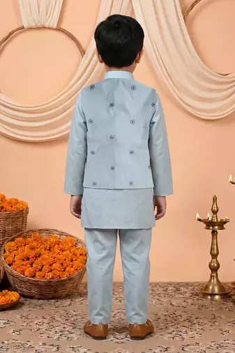 Boys light blue cotton satin kurta pyjama set with floral giraffe embroidered waistcoat