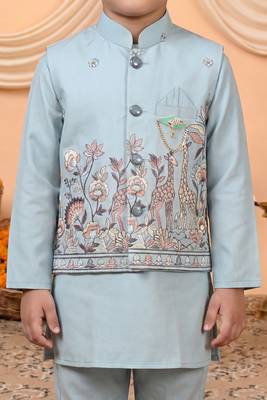 Boys light blue cotton satin kurta pyjama set with floral giraffe embroidered waistcoat 3