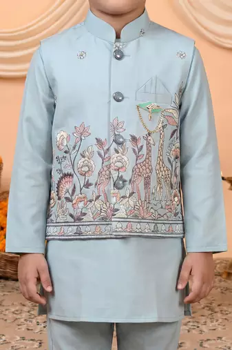 Boys light blue cotton satin kurta pyjama set with floral giraffe embroidered waistcoat