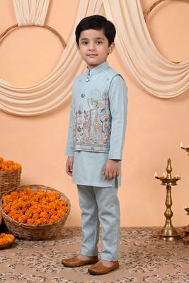 Boys light blue cotton satin kurta pyjama set with floral giraffe embroidered waistcoat 4