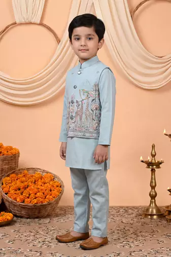 Boys light blue cotton satin kurta pyjama set with floral giraffe embroidered waistcoat