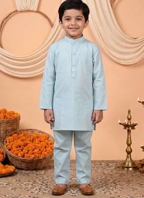 Boys light blue cotton satin kurta pyjama set with floral giraffe embroidered waistcoat 5