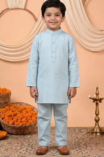 Boys light blue cotton satin kurta pyjama set with floral giraffe embroidered waistcoat