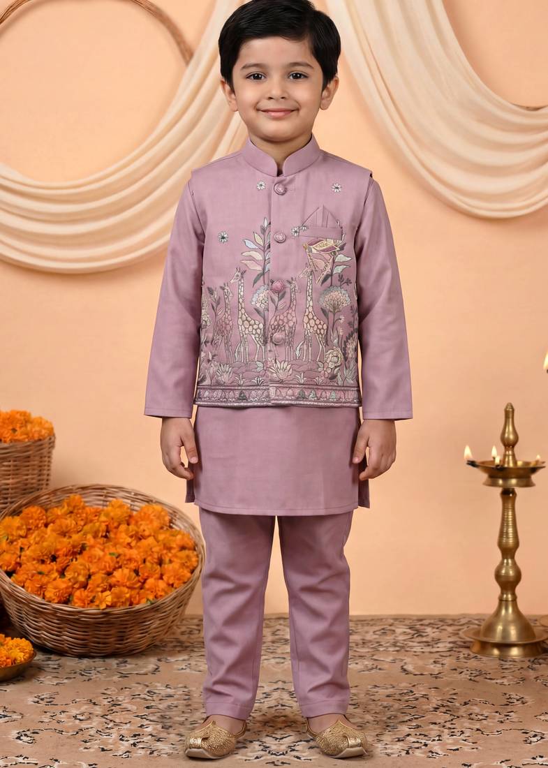 Boys mauve cotton satin kurta pyjama set with floral giraffe embroidered waistcoat