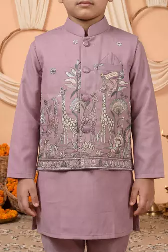 Boys mauve cotton satin kurta pyjama set with floral giraffe embroidered waistcoat