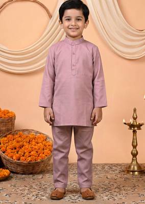 Boys mauve cotton satin kurta pyjama set with floral giraffe embroidered waistcoat 5