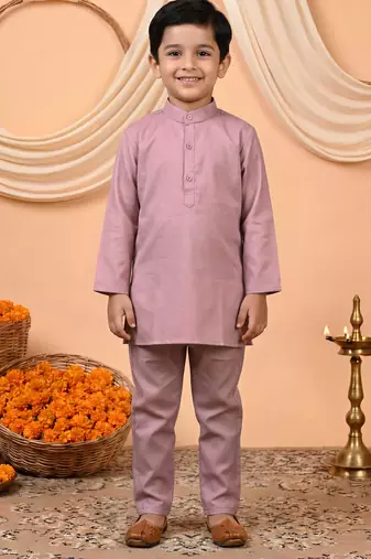 Boys mauve cotton satin kurta pyjama set with floral giraffe embroidered waistcoat