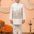 Boys off white cotton satin kurta pyjama set with floral giraffe embroidered waistcoat