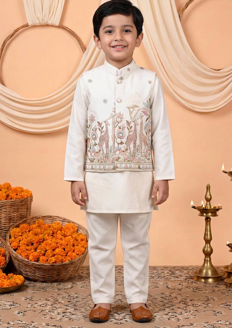 Boys off white cotton satin kurta pyjama set with floral giraffe embroidered waistcoat