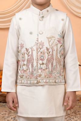 Boys off white cotton satin kurta pyjama set with floral giraffe embroidered waistcoat 3