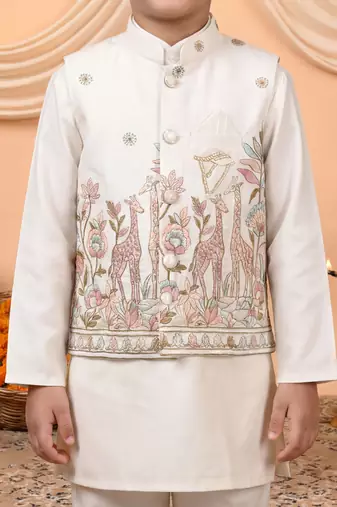 Boys off white cotton satin kurta pyjama set with floral giraffe embroidered waistcoat