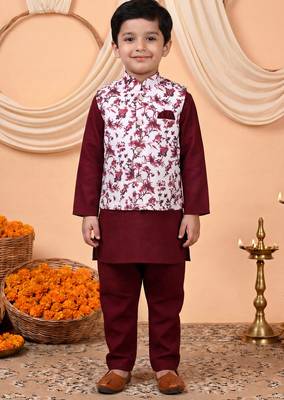 Boys maroon cotton blend kurta pyjama set with floral vine printed waistcoat 1