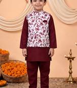 Boys maroon cotton blend kurta pyjama set with floral vine printed waistcoat