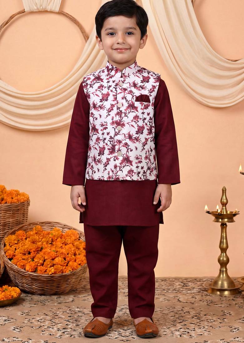 Boys maroon cotton blend kurta pyjama set with floral vine printed waistcoat