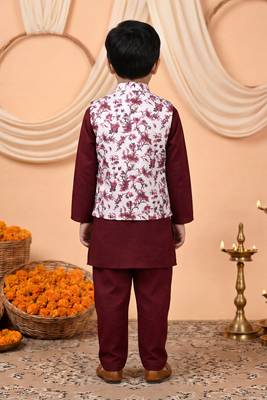Boys maroon cotton blend kurta pyjama set with floral vine printed waistcoat 2