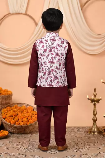Boys maroon cotton blend kurta pyjama set with floral vine printed waistcoat