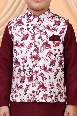 Boys maroon cotton blend kurta pyjama set with floral vine printed waistcoat 3