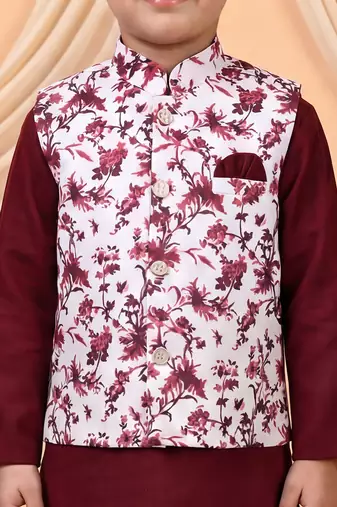 Boys maroon cotton blend kurta pyjama set with floral vine printed waistcoat