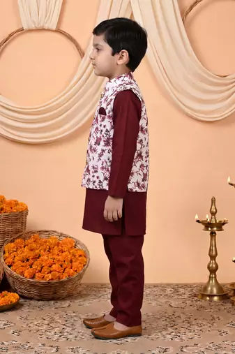 Boys maroon cotton blend kurta pyjama set with floral vine printed waistcoat