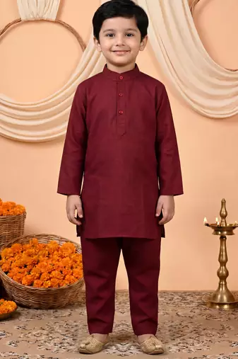 Boys maroon cotton blend kurta pyjama set with floral vine printed waistcoat