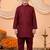 Boys maroon cotton blend kurta pyjama set with floral vine printed waistcoat