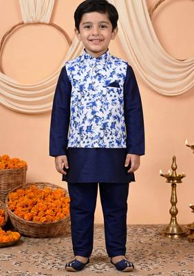 Boys navy blue cotton blend kurta pyjama set with floral vine printed waistcoat 1