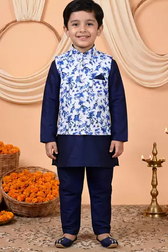 Boys navy blue cotton blend kurta pyjama set with floral vine printed waistcoat