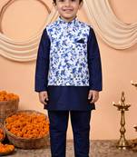 Boys navy blue cotton blend kurta pyjama set with floral vine printed waistcoat