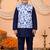 Boys navy blue cotton blend kurta pyjama set with floral vine printed waistcoat