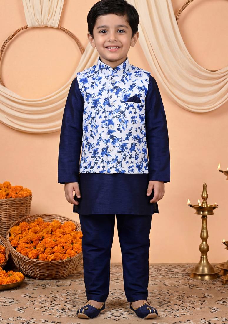 Boys navy blue cotton blend kurta pyjama set with floral vine printed waistcoat