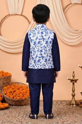 Boys navy blue cotton blend kurta pyjama set with floral vine printed waistcoat 2
