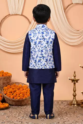 Boys navy blue cotton blend kurta pyjama set with floral vine printed waistcoat