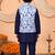 Boys navy blue cotton blend kurta pyjama set with floral vine printed waistcoat