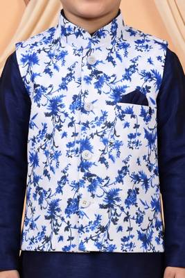 Boys navy blue cotton blend kurta pyjama set with floral vine printed waistcoat 3