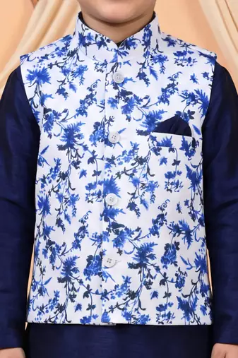 Boys navy blue cotton blend kurta pyjama set with floral vine printed waistcoat