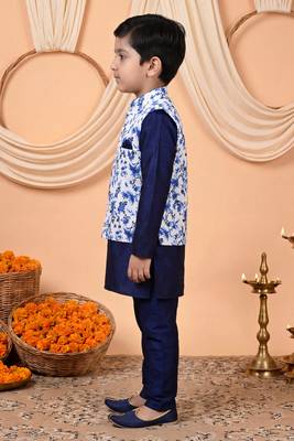 Boys navy blue cotton blend kurta pyjama set with floral vine printed waistcoat 4