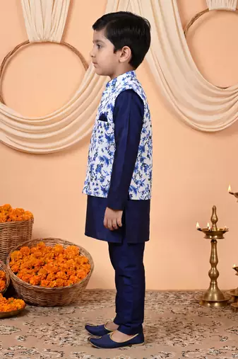 Boys navy blue cotton blend kurta pyjama set with floral vine printed waistcoat