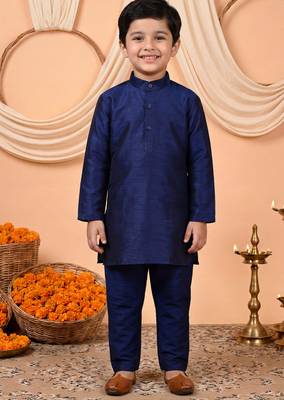 Boys navy blue cotton blend kurta pyjama set with floral vine printed waistcoat 5