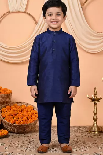 Boys navy blue cotton blend kurta pyjama set with floral vine printed waistcoat