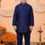 Boys navy blue cotton blend kurta pyjama set with floral vine printed waistcoat