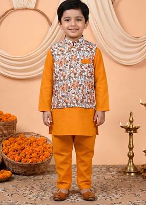 Boys mustard cotton blend kurta pyjama set with floral vine printed waistcoat 1