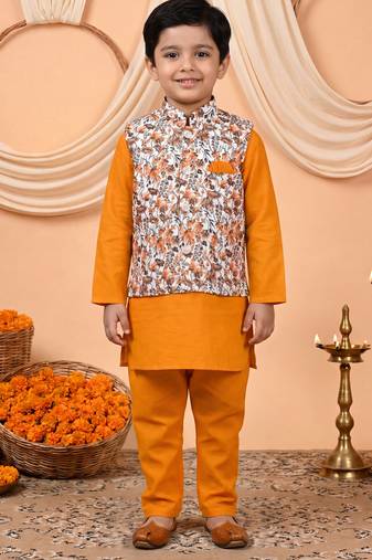 Boys mustard cotton blend kurta pyjama set with floral vine printed waistcoat