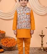 Boys mustard cotton blend kurta pyjama set with floral vine printed waistcoat