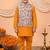 Boys mustard cotton blend kurta pyjama set with floral vine printed waistcoat