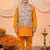 Boys mustard cotton blend kurta pyjama set with floral vine printed waistcoat