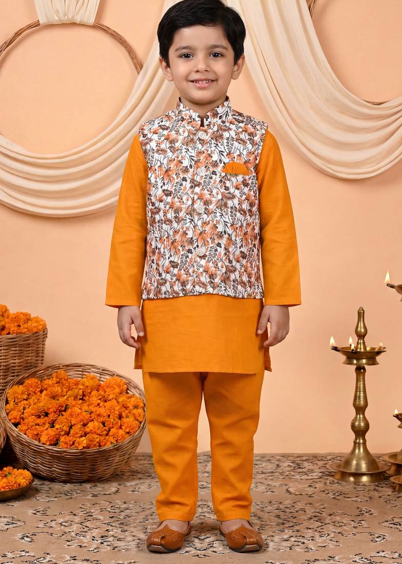 Boys mustard cotton blend kurta pyjama set with floral vine printed waistcoat